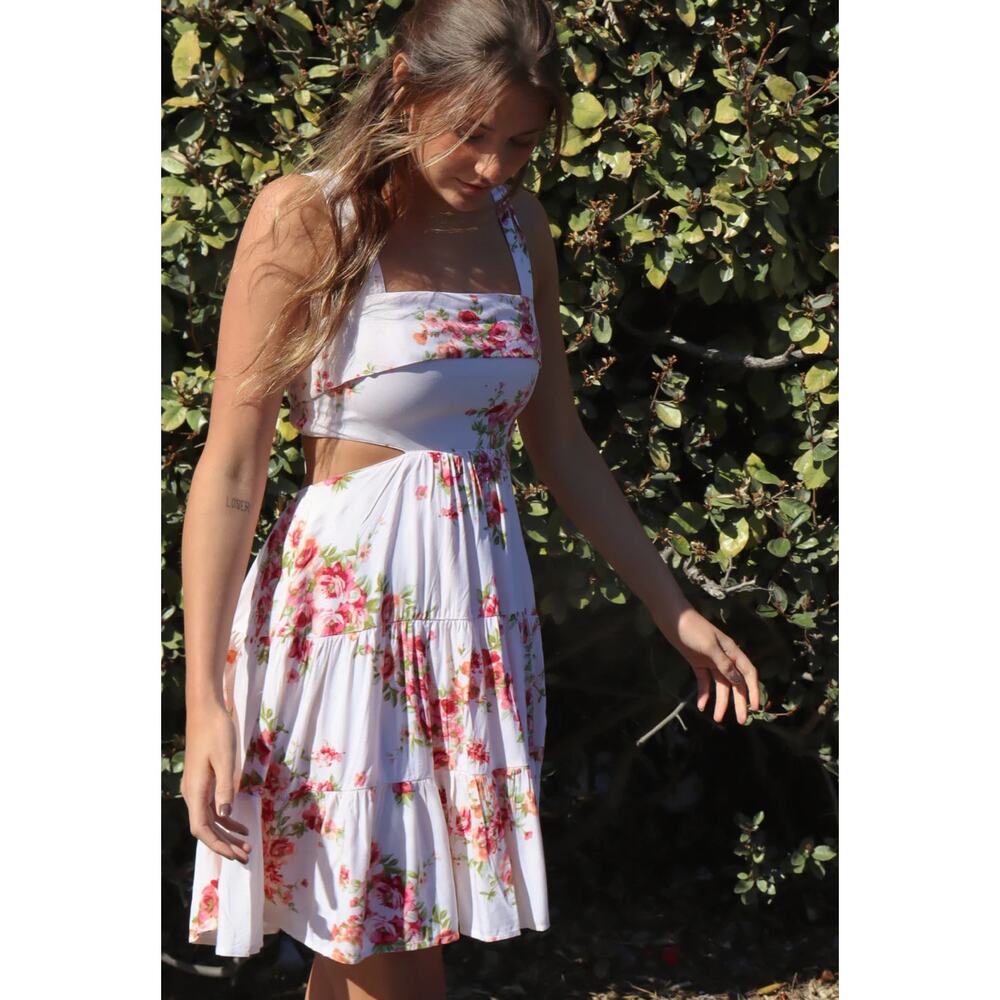 Listicle White Floral Mini Dress with Pink and Green Accents